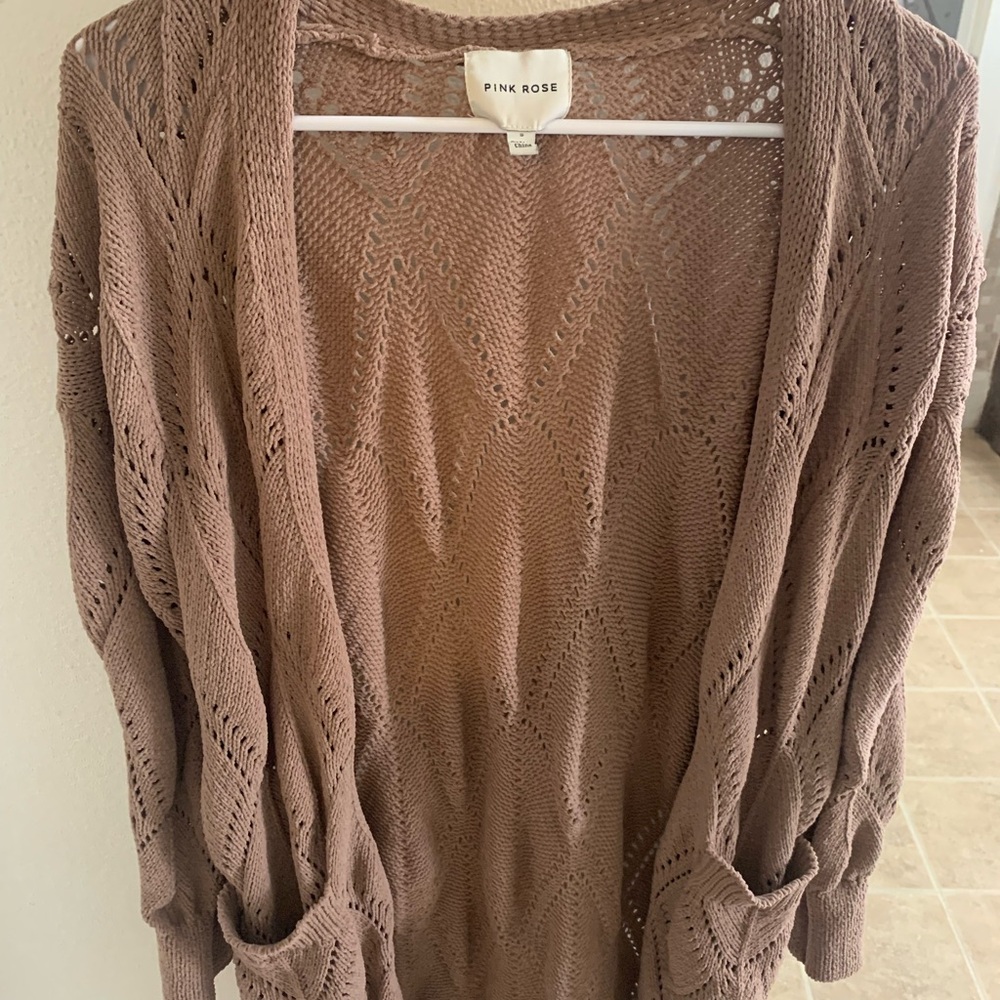 Pink Rose Brown Cardigan Sweater Relaxed Fit